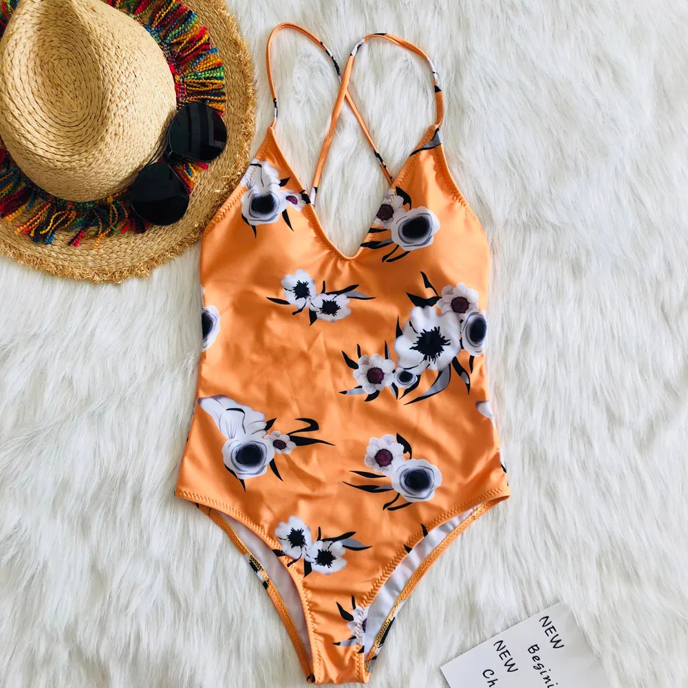 

Womens sexy One Piece Monokini Swimwear Bikini Beach Bathing Suit Padded Beachwear Cross bandage printing stroje k pielowe dams
