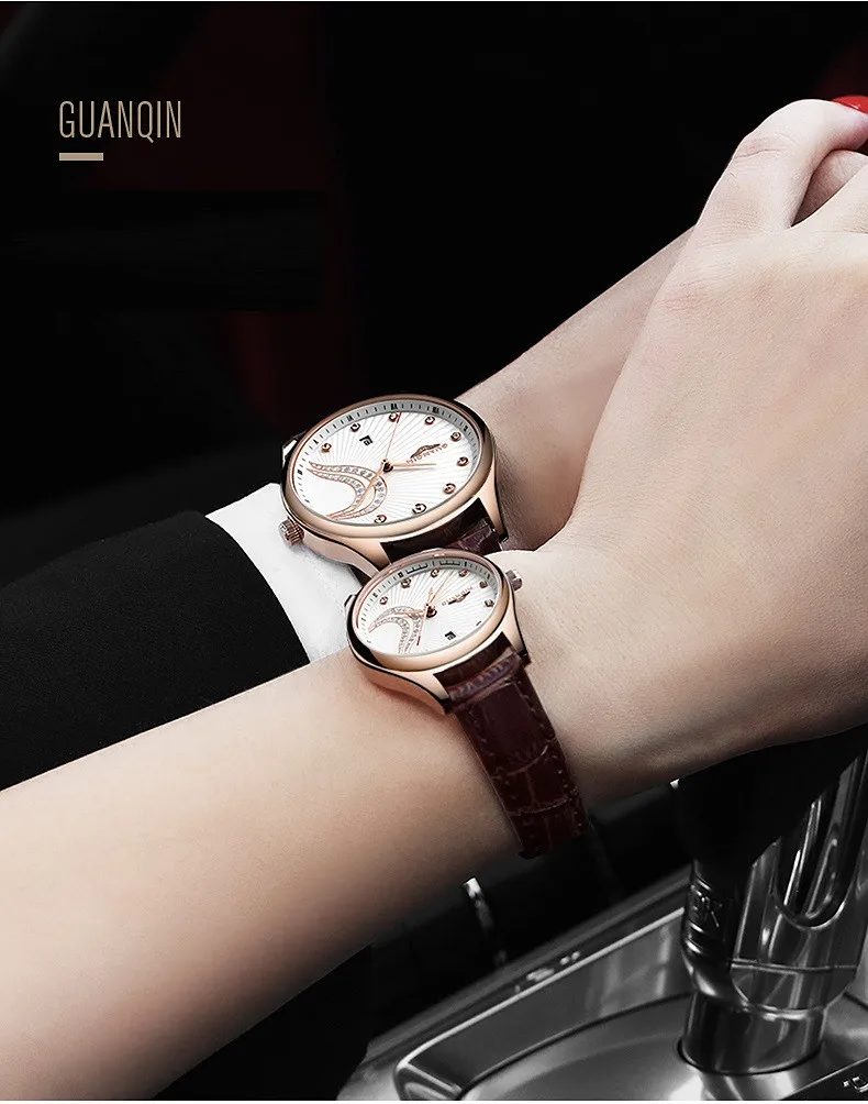 One Pair Newest Couple Watch GUANQIN Couple Wrist Watch Sapphire Quartz Casual Waterproof Lovers Watch Leather Strap Clock (9)