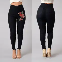 Новая мода для женщин Высокая талия узкие стрейч карандаш брюки для девочек длинные узкие брюки цветочный вышивка узкие джинсы