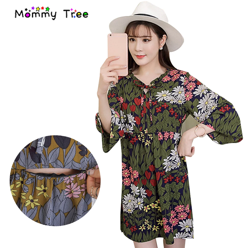 Fashion Floral Nursing Dress With Bowknot 2017 Summer Maternity Clothes