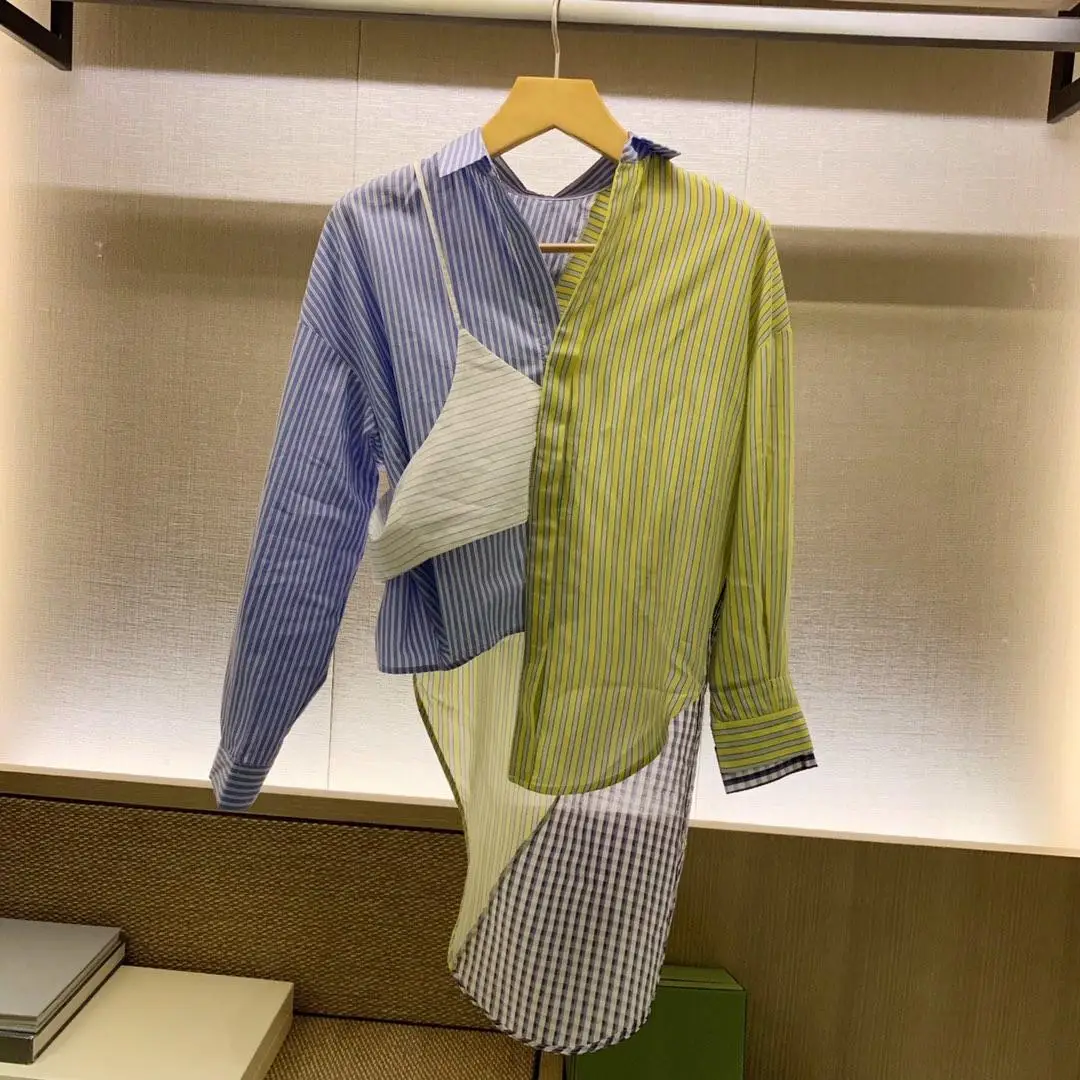 

2019 New Ladies Fashion Long Sleeve Sexy Contrast Irregular Striped Shirt 0724