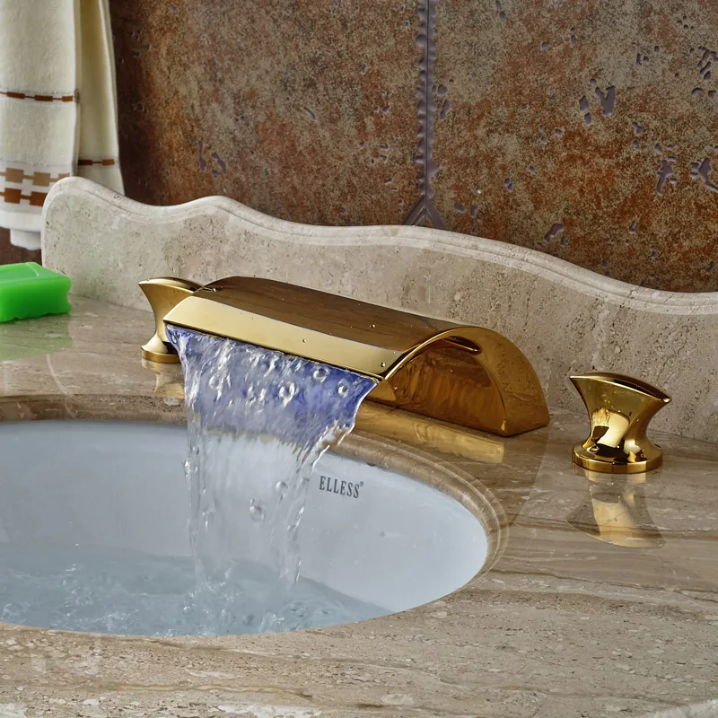 

Bright Golden Waterfall Spout LED Bathroom Basin Faucet Vanity Sink Mixer Tap Dual Handles