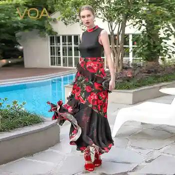 

VOA Silk Dress Plus Size 5XL Women Maxi Long Dress Sleeveless High Collar Ruffle Red Print Vintage Chinese Style Summer ALX07701