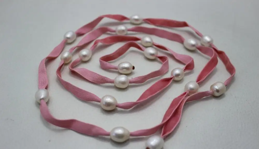 

Red Ribbon long necklace white Freshwater pearl 48" 10x12mm No Metal "Handmade