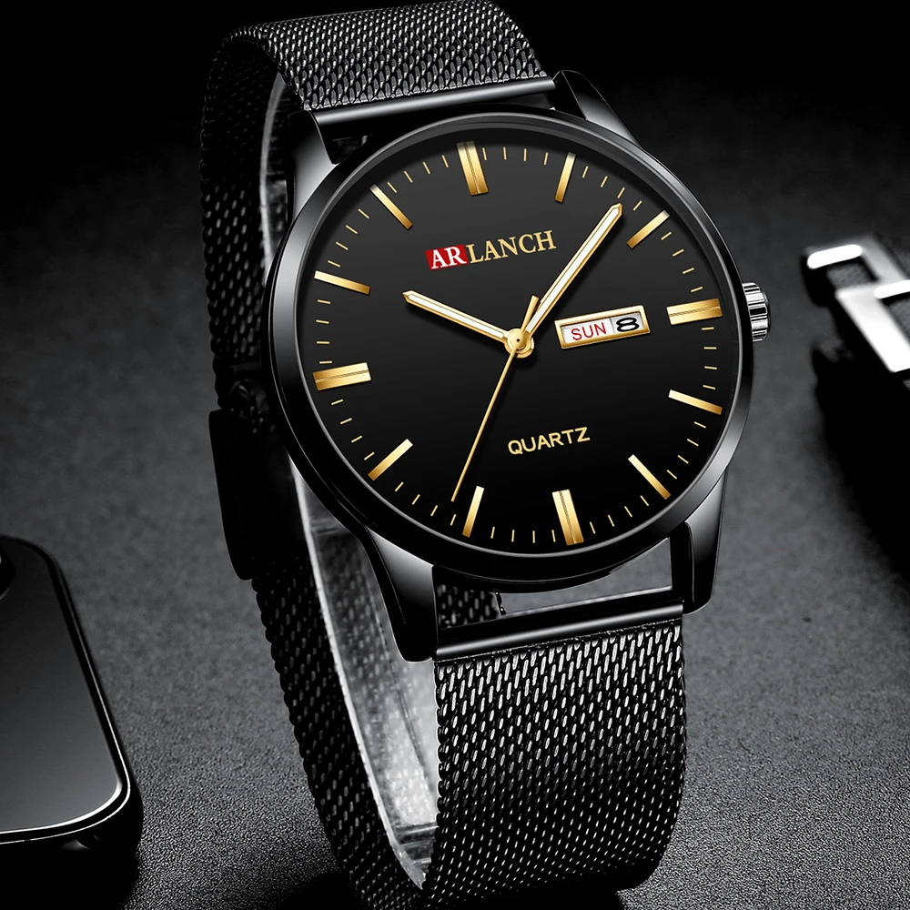 

ARLANCH Men's Week Calendar Double Display Quartz Waterproof Watch Trend Stainless Steel Mesh Belt Ins Niche Men Watches