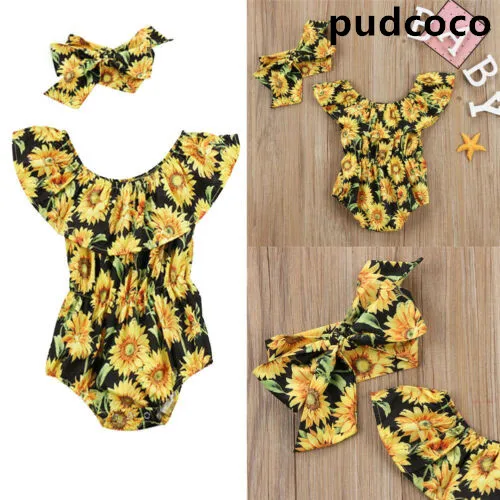 

2019 Summer Newborn Baby Girls Flower Print Sleeveless Bodysuit +Headband Jumpsuit 2PCS Outfits Clothes Size 0-24M