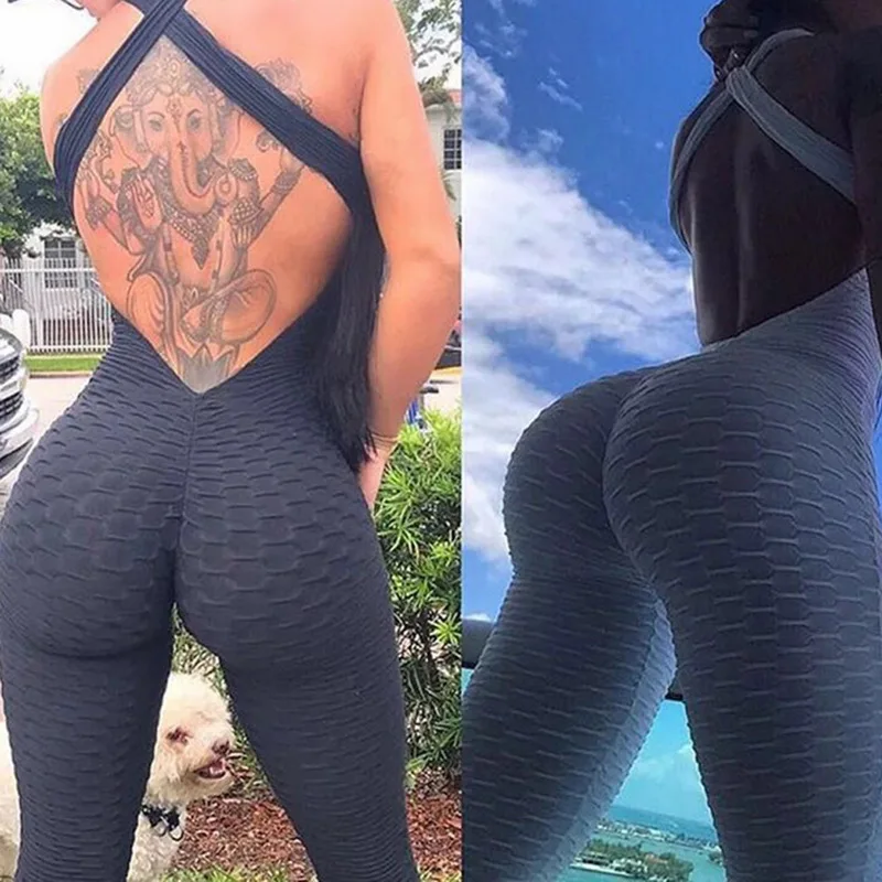 2019 Sexy Women's Tracksuit Yoga Pants High Waist Gym Play suit Push up Slim Sport Backless Top Running Sportswear Soft Jumpsuit