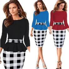 2016 New Women Elegant Cotton Tunic Peplum Belted Patchwork Check Tartan Office Work Sheath Pencil Bodycon Plus Size Midi Dress