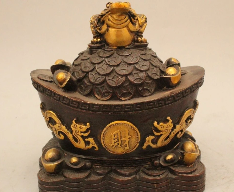 

Chinese Copper Fengshui Wealth Dragon Phoenix Spittor Golden Toad Yuanbao Statue