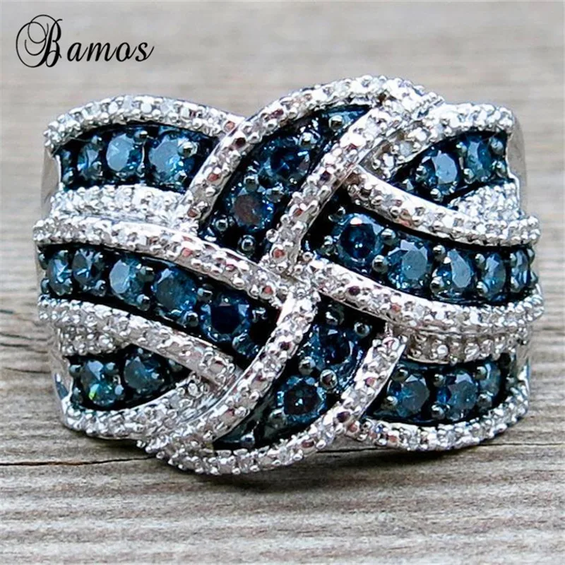 

Bamos Vintage Full Stone Cross Ring Gorgeous Blue Zircon Men Ring White Gold Filled Wedding Rings For Women Fashion Jewelry
