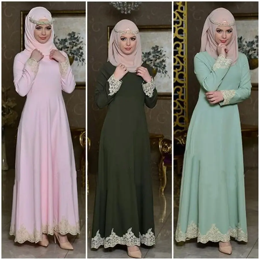 

Fashion Dubai Women Evening Dress Turkish Elegant Islamic Muslim Lace Embroidery Stitching Kaftan Abayas Clothing Robe For Sale