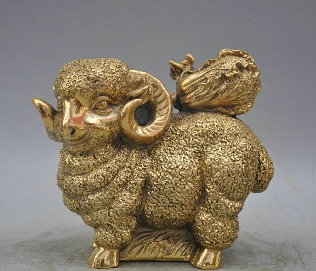 

7"Bronze Animal Lovely Sheep Chinese Cabbage Sculpture Statue