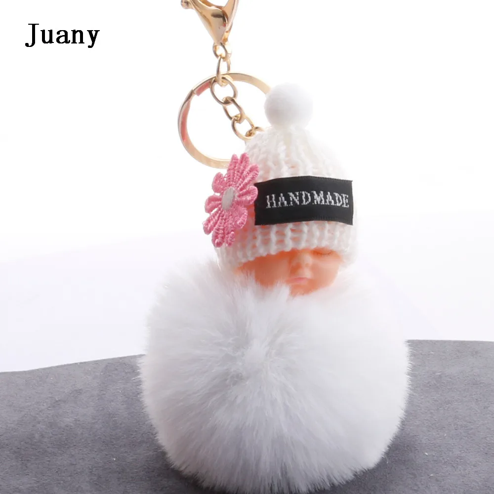 Fluffy fur pompom keychain cut sleeping baby doll keychain fake rabbit fur key chain 10