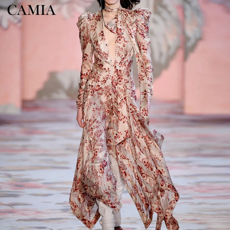 

CAMIA Luxury Brand Runway Designer High Quality Woman Dresses Floral Print Asymmetrical Sexy Deep V-Neck Female Dress Vestidos