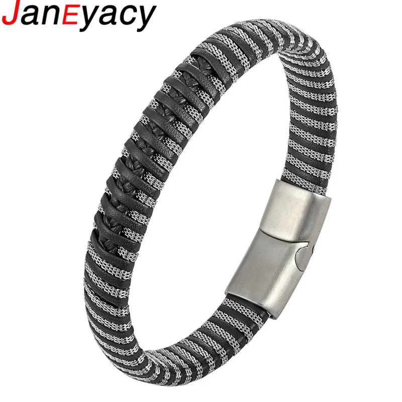 

Janeyacy Punk Men Jewelry Black/Brown Braided Leather Bracelet Stainless Steel chain Magnetic Clasp Fashion Bangles Pulseira