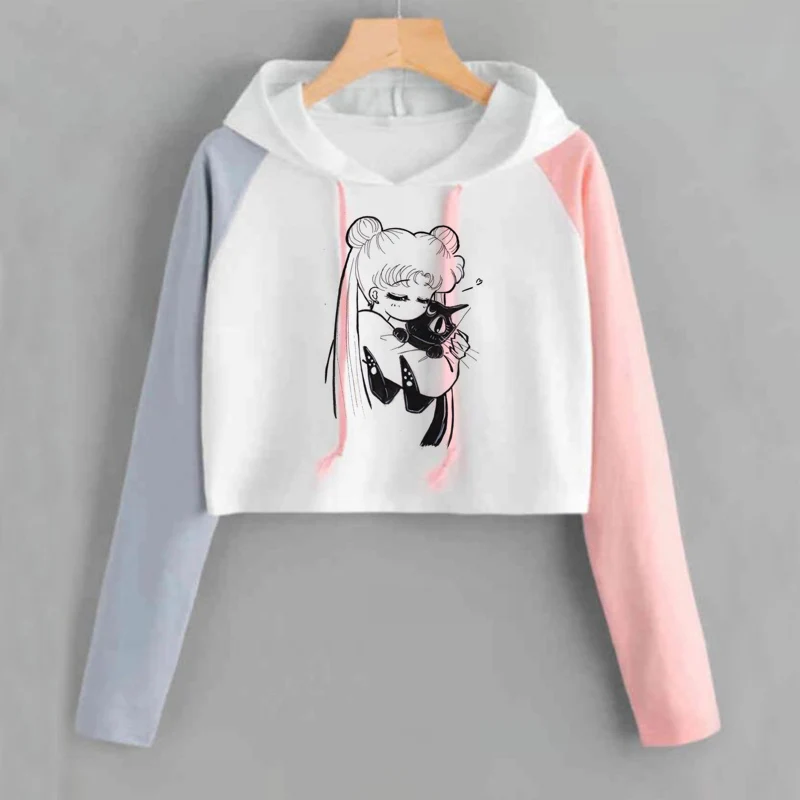  Sailor Moon Crop Hoodies Sweatshirts Women Kawaii Clothes Long Sleeve Harajuku Sailor Moon Cat Copp