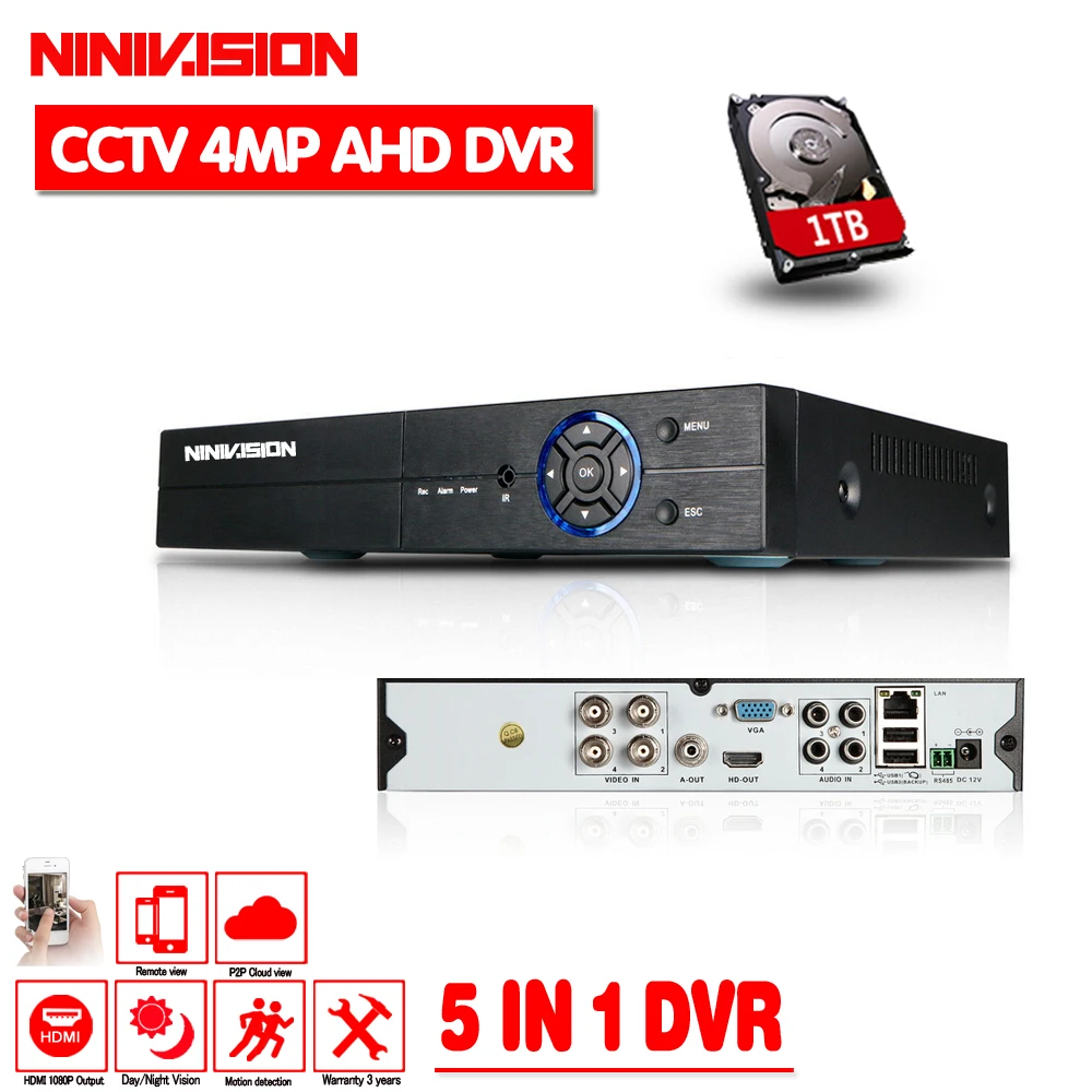

NINIVISION 4CH 4MP AHD DVR Digital Video Recorder for CCTV Security Camera Onvif Network 16Channel IP HD 1080P NVR Email Alarm
