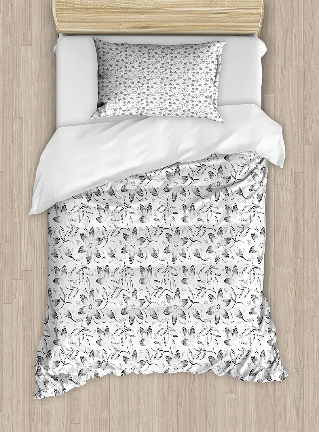 Black and White e Duvet Cover Set Dotted Flower Arrangement Monochrome Nature Design Abstract Foliage 4 Piece Bedding | Дом и сад