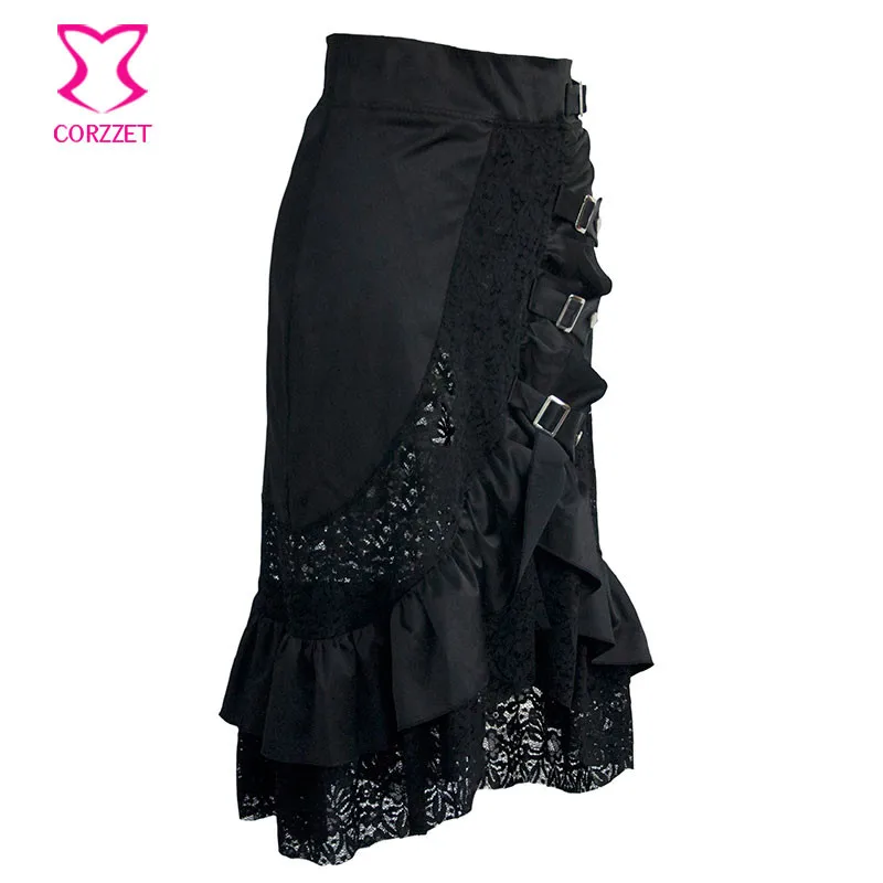 6XL Black Floral Lace & Satin Ruffles Gothic Victorian Skirt Steampunk