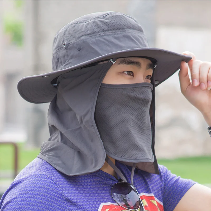 Men Women Outdoor Sun Hat Wide Brim UPF 50+ Summer Mesh Cap Removable Neck&Face Flap Cover Outdoor Caps Sun Protect Male Hats (5)