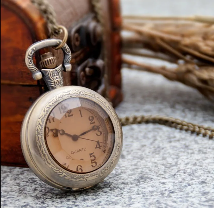 Vintage Glass Alice In Wonderland Dark Brown Quartz Pocket Watch for