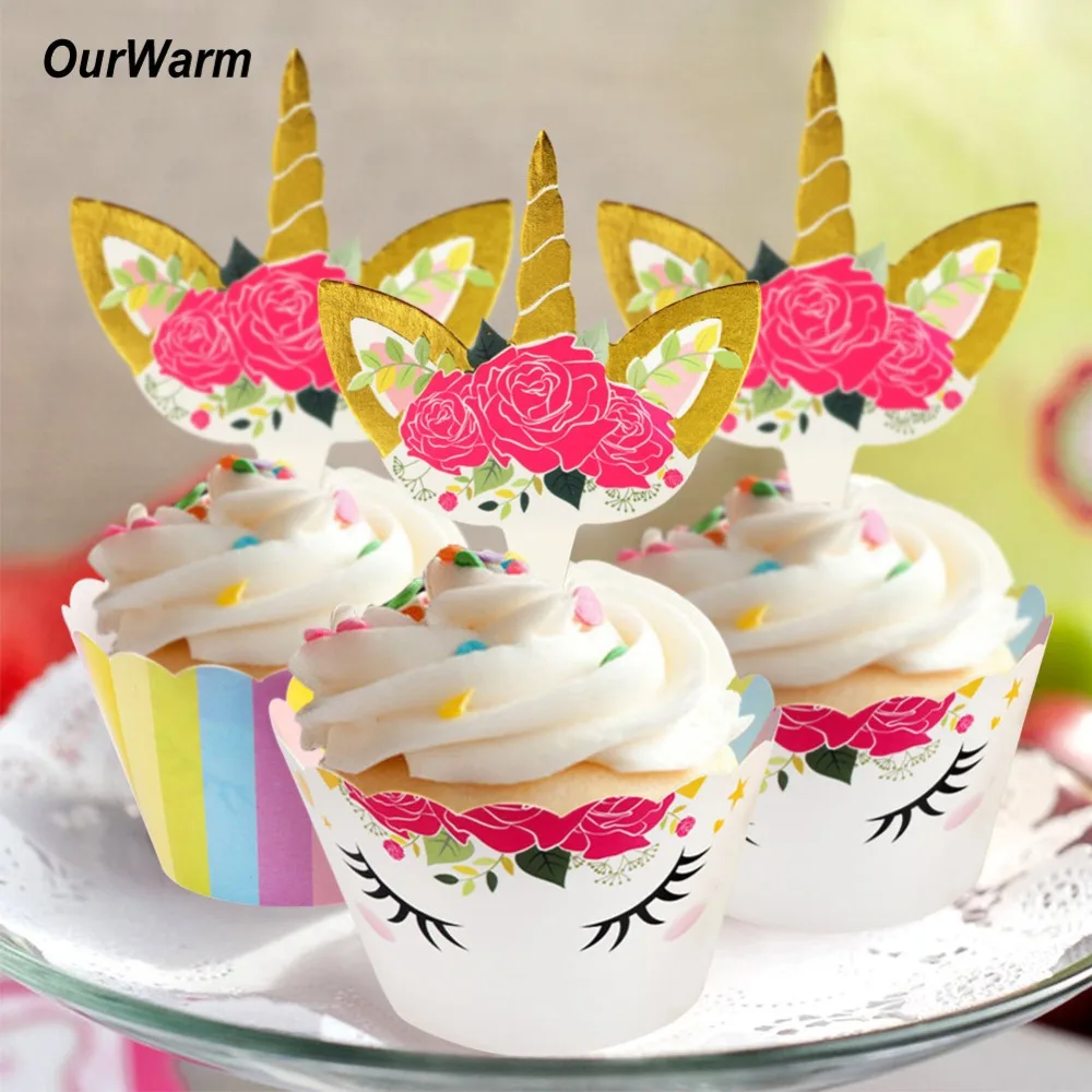 

OurWarm unicorn cupcake topper rainbow unicorn party baby shower Theme birthday party 24pcs wrappers+24pcs toppers