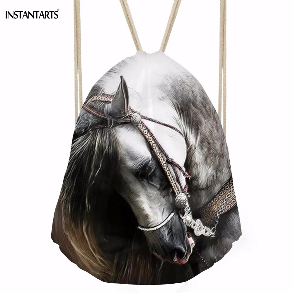 INSTANTARTS White 3D Crazy Horse Printing Women Men Drawstrings Bags Softback Casual Storage Bag Multifunction Travel Backpacks