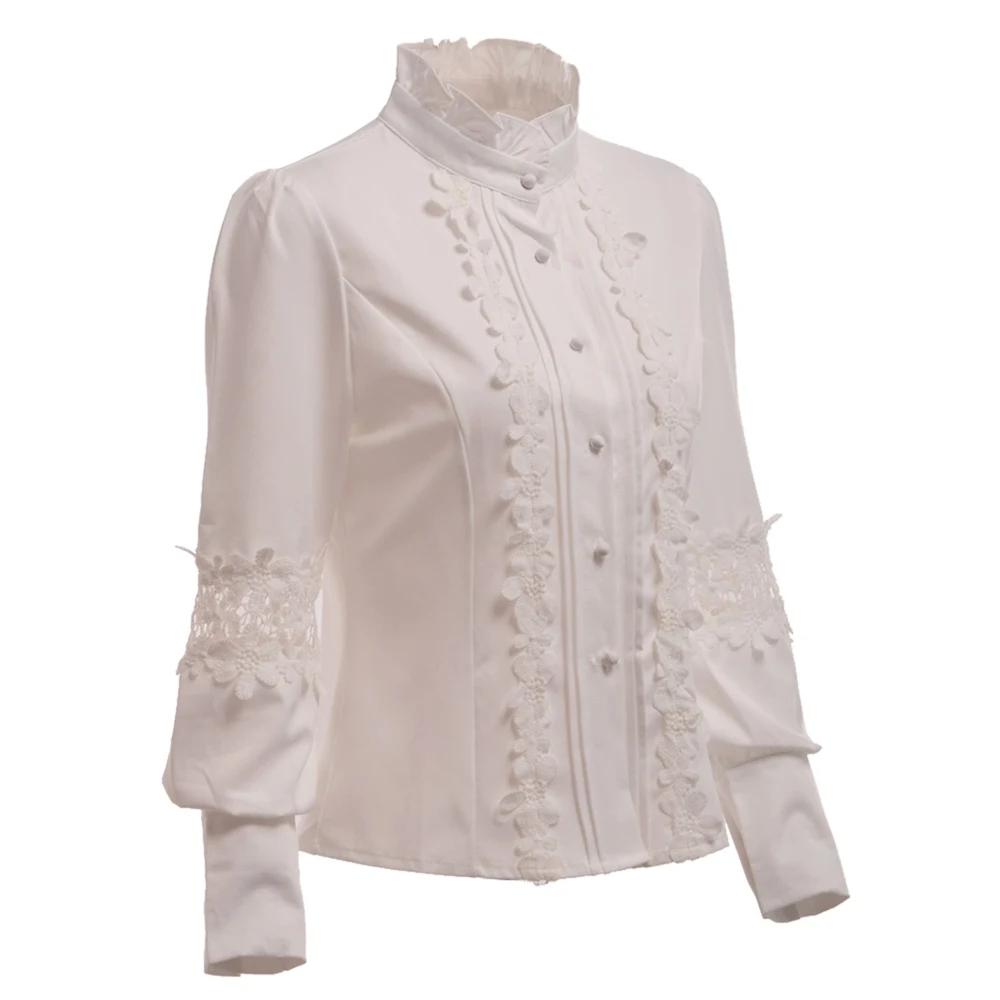 Vintage Elegant Hollow Out Lace Sleeve Stand Collar White Blouse Shirt Tops white-cotton-lace-top : image Vintage Elegant Hollow Out Lace Sleeve Stand Collar White Blouse Shirt Tops white-cotton-lace-top