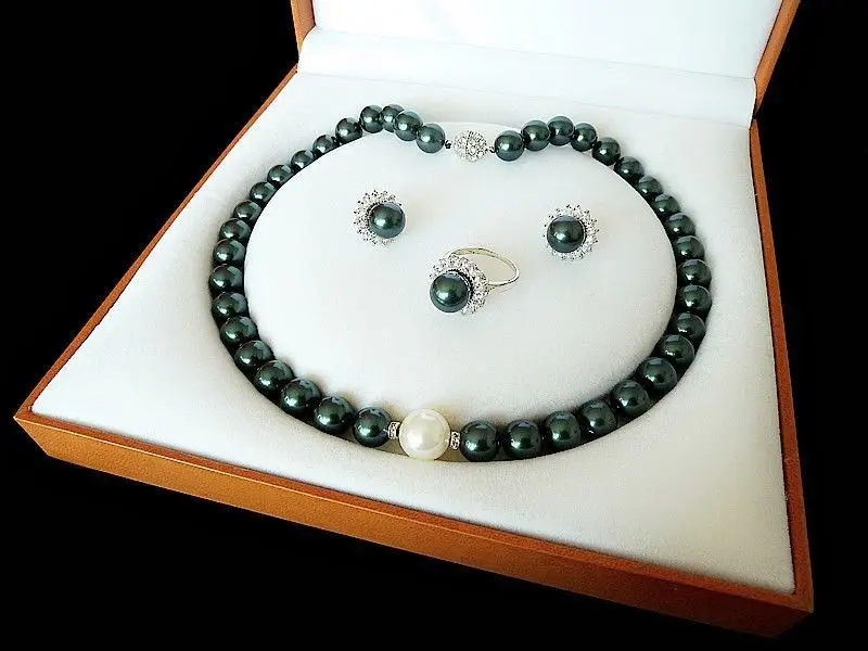 

07701 black green shell pearl luxury ring earring and necklace set