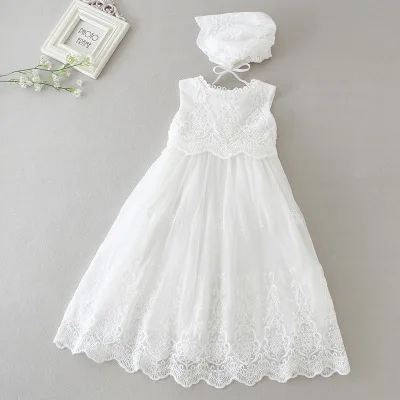 Длинное белое платье на крестины с длинными рукавами и шляпой; кружевные вечерние платья для маленьких девочек на свадьбу; Anniversaire Fille - Цвет: sleeveless