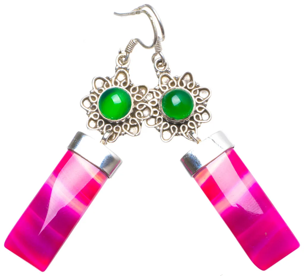 

Natural Botswana Agate and Chrysoprase Handmade Unique 925 Sterling Silver Earrings 2.5" X4196