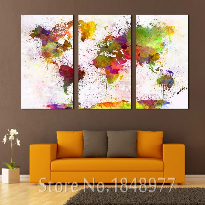 3 Piece Large Modern Home Deoration Abstract World Map Print Colorful ...