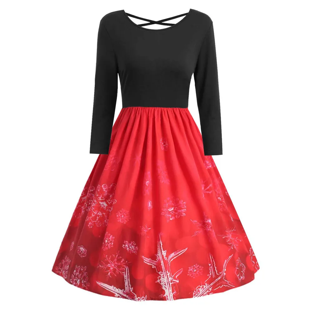 

FREE OSTRICH Christmas Vintage party Women Dress Printed Long Sleeve O-Neck Dress Evening women lady Sexy girl Swing Dresses