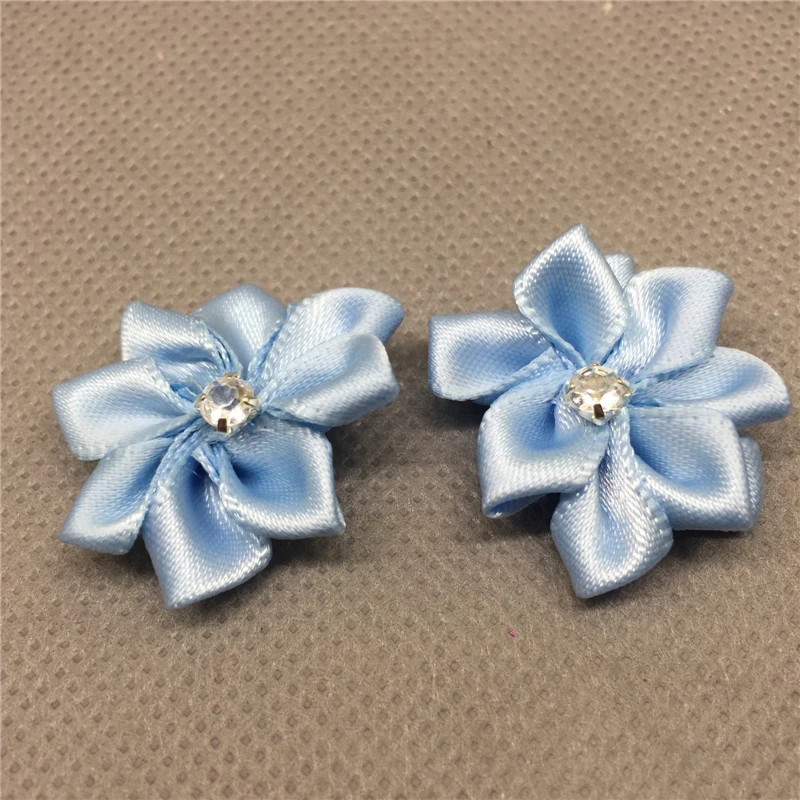 

50pcs Satin Ribbon Flower with Crystal Bead Appliques light blue