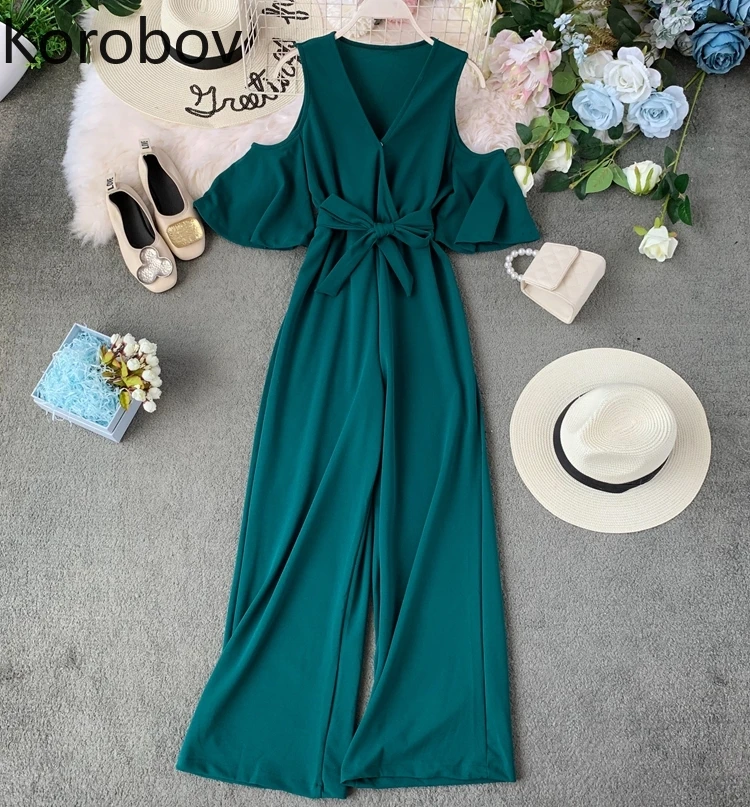 

korobov 2019 summer new high waist korean jumpsuit elegant v neck flare sleeve solid bodysuit lacing bow jumpsuit 1