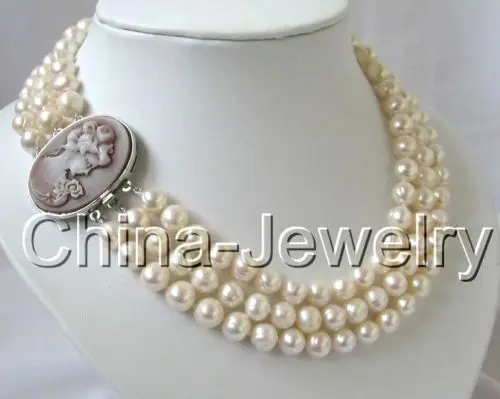 

fast Beautiful 17-19" 3row 8-9mm white round freshwater pearl necklace-cameo clasp NEW