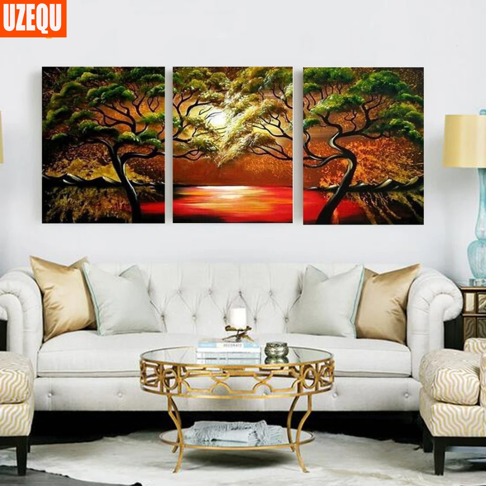

UZEQU Triptych Full Diamond Embroidery Tree 5D DIY Diamond Painting Cross Stitch Plant Mosaic Painting Rhinestones Decor Crafts