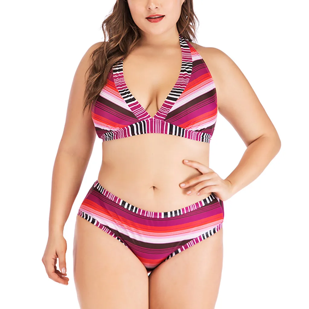 

Women conservative bohemian bikini fashion striped print split swimsuit large size push-up beachwear Biquini mujer #NEW
