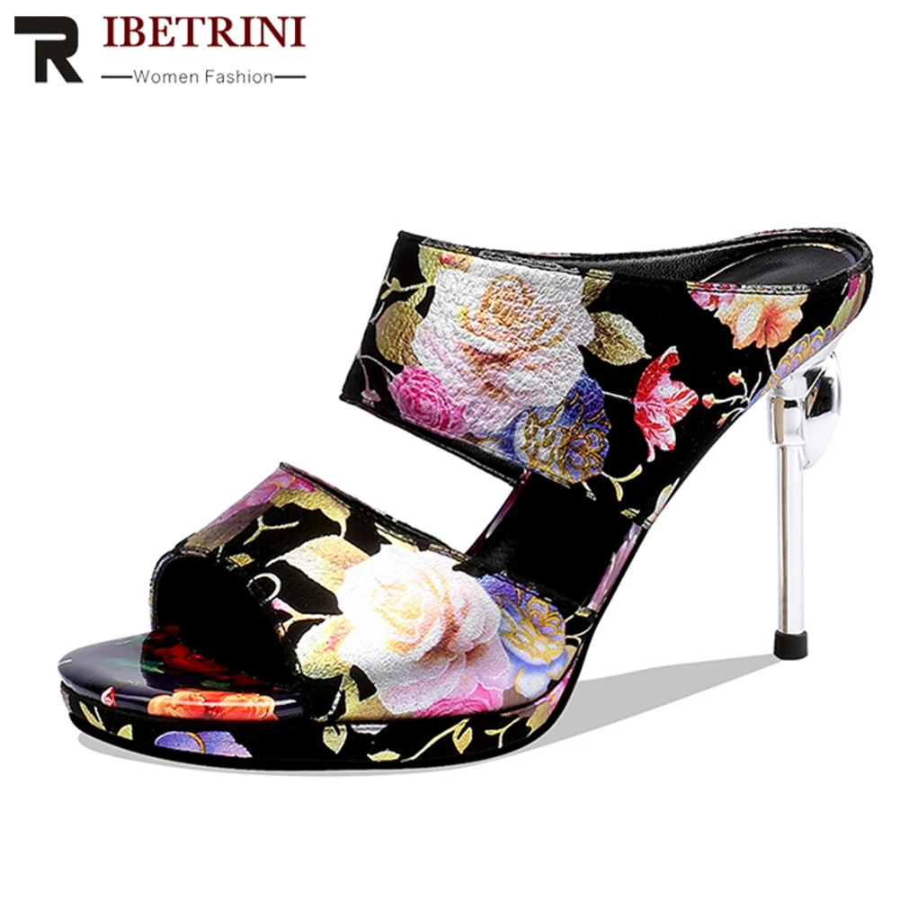 

RIBETRINI New Fashion Print Sheepskin Slippers Woman Summer Platform High Thin Heels Mules Sexy Women Shoes Woman Size 33-40