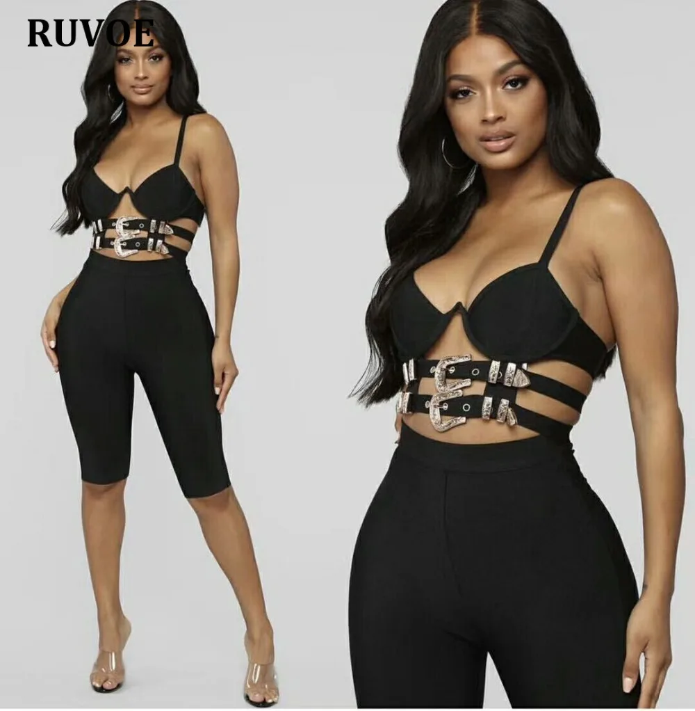 

Hihg Quality Black Women Bandage Set Runway Fashion Top and Pant Set Black Sexy Hollow Out Bandage Clothing Set Summer K-92