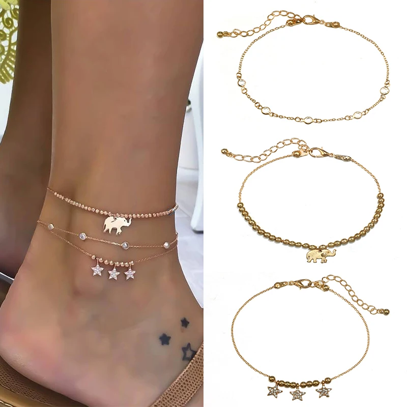 

Animal Women Star Fashion Adjustable Gifts 3PCS/Set Crystal Golden Beautiful Wedding Bohemian Anklet Set Elephant Beaded Party
