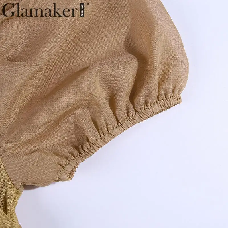 Glamaker, Сетчатое сексуальное мини-платье цвета хаки с рукавами-фонариками, праздничное женское винтажное летнее короткое платье, женские элегантные вечерние Клубные платья