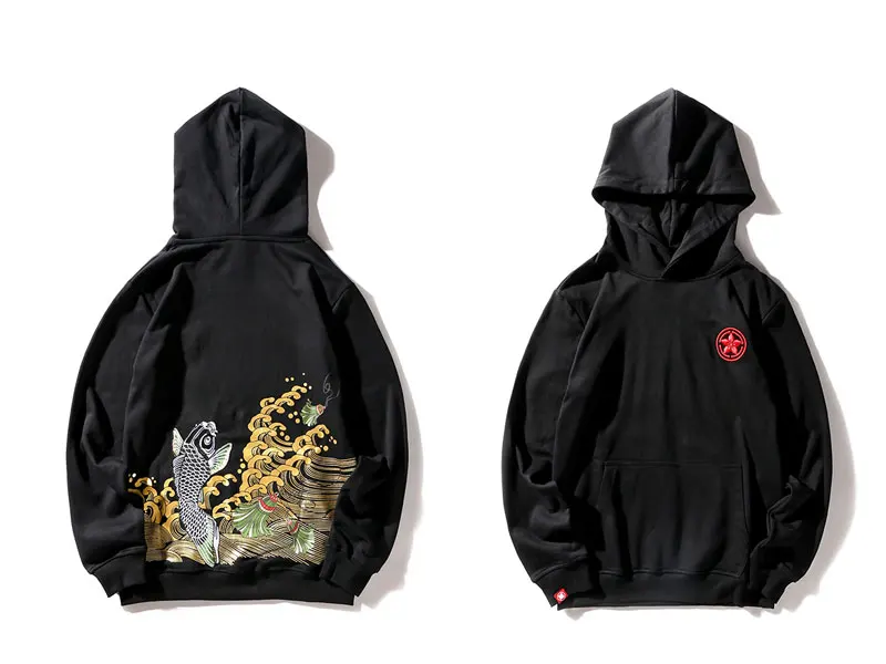 Embroidery Carp Fish Waves Printed Hoodies 3