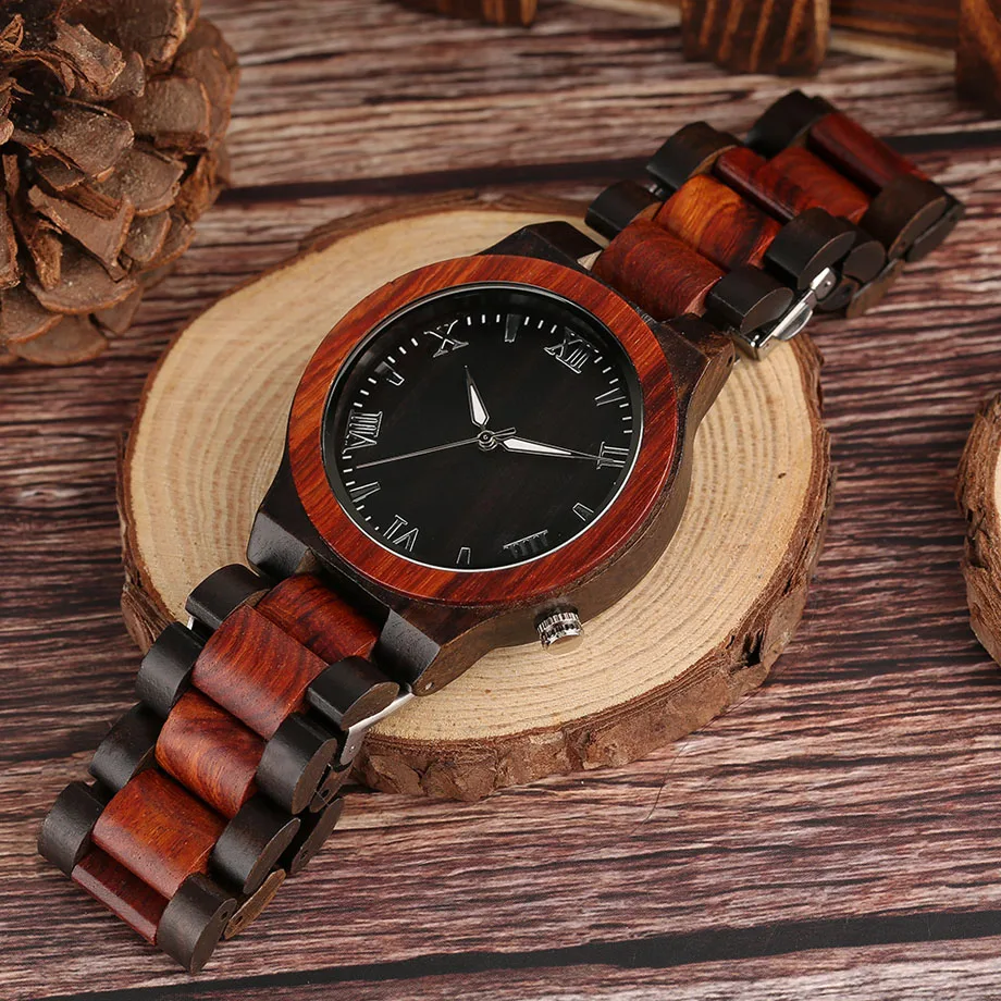 Nature Red Black Wood Watch Men Quartz Sandalwood Wristwatch Rome Number Black Dial Sport Businessmen Watch  Relogio Masculino (13)
