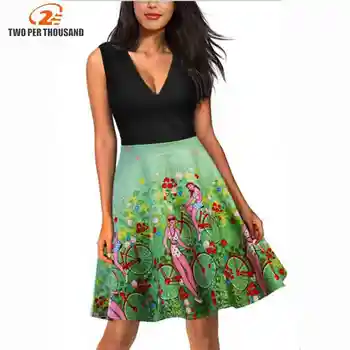 

Women Vintage Dress Floral Print Patchwork Elegant Clothes One Line Summer Knee Length Sleeveless V -section Swing Midi Dress