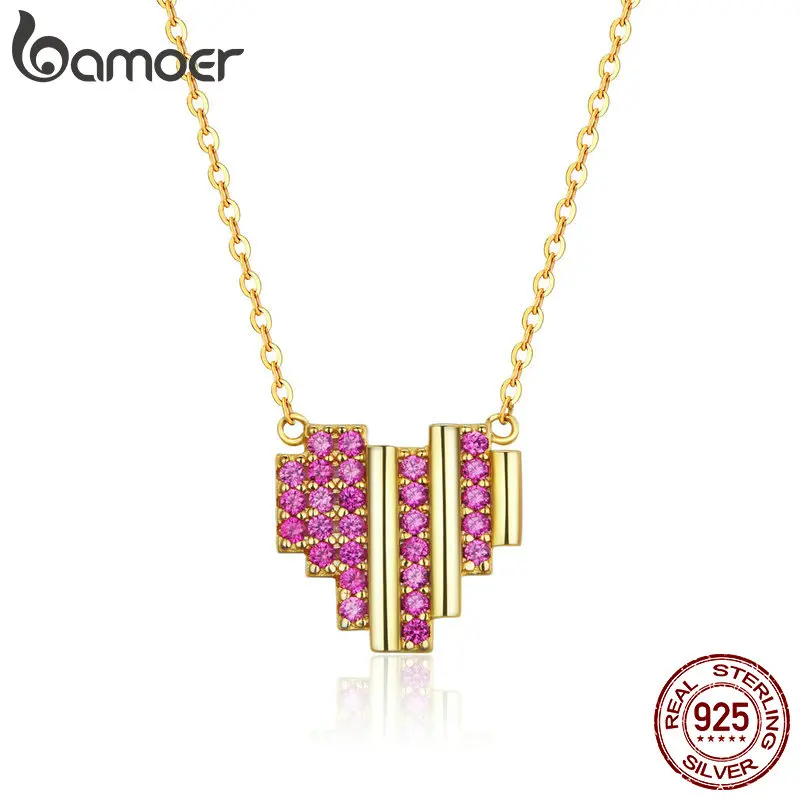 

BAMOER Genuine 925 Sterling Silver Heart's Signal Gold Color Pink CZ Pendant Necklaces for Women Sterling Silver Jewelry BSN014