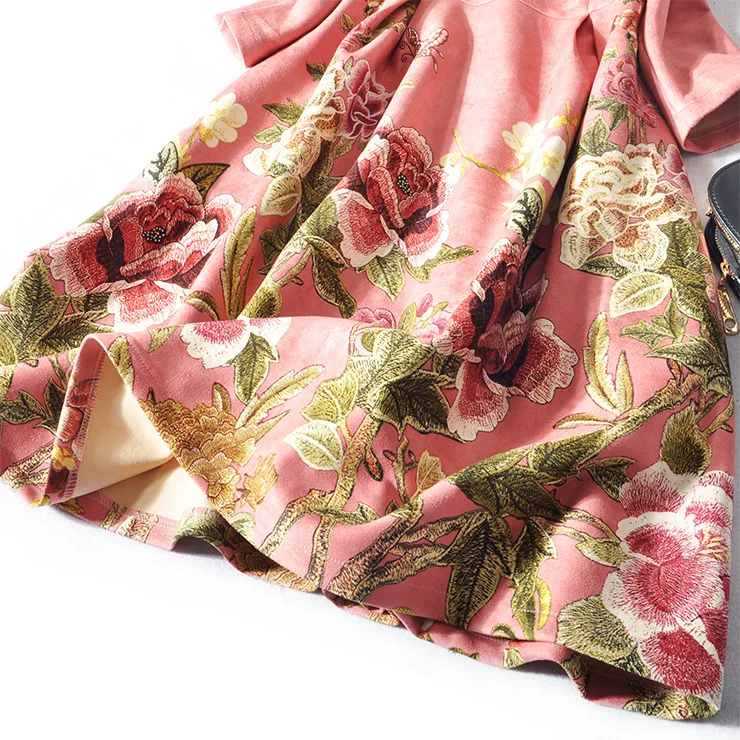 winter dress women sexy suede dresses O-neck long sleeve print floral A-line dress pink cute dresses winter dress women sexy suede dresses O-neck long sleeve print floral A-line dress pink cute dresses