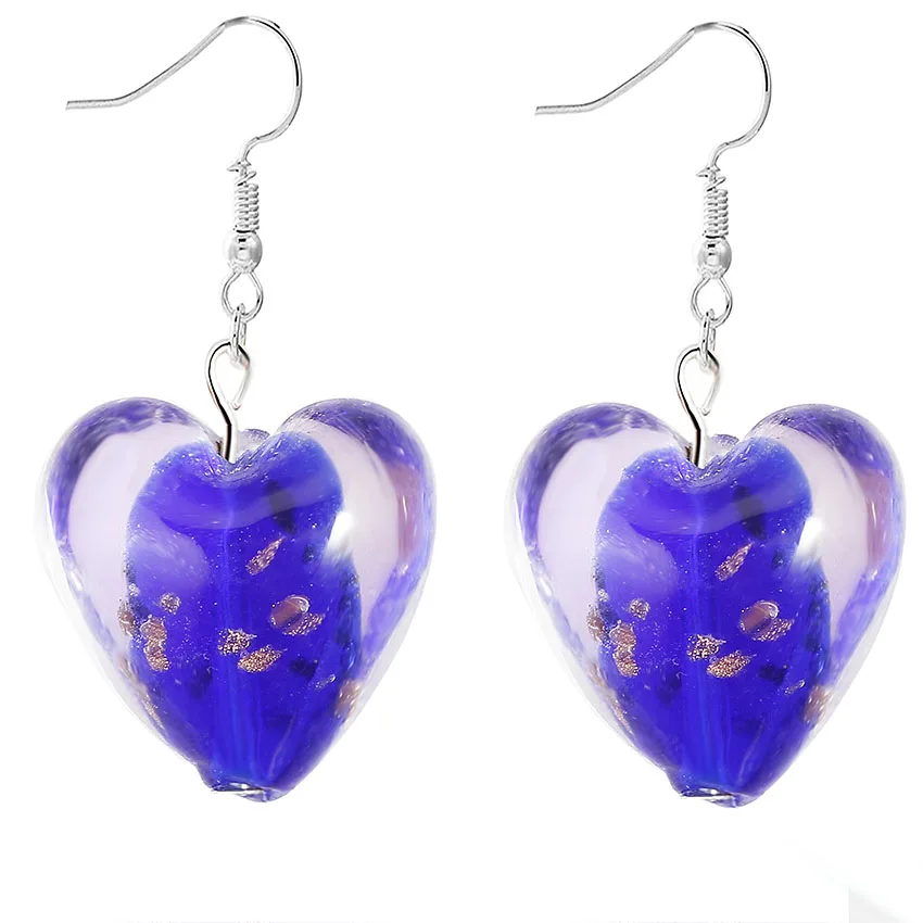 

Qianbei Color Hand-made Murano Glass Gold Sand Women's Romatic Silver Plated Classic Dangle Heart Earrings