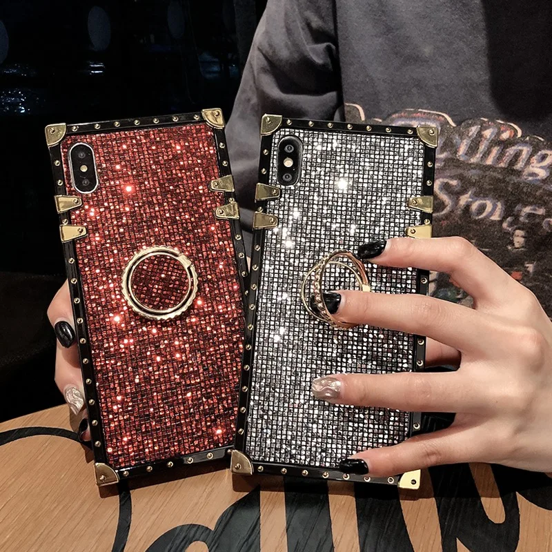 

Funda For Samsung Note10 + S10 Plus S10e S9 S8 Note9 Note8 A10 M10 A20 A30 A50 A70 M20 M30 Case Square Glitter Ring Stand Cover