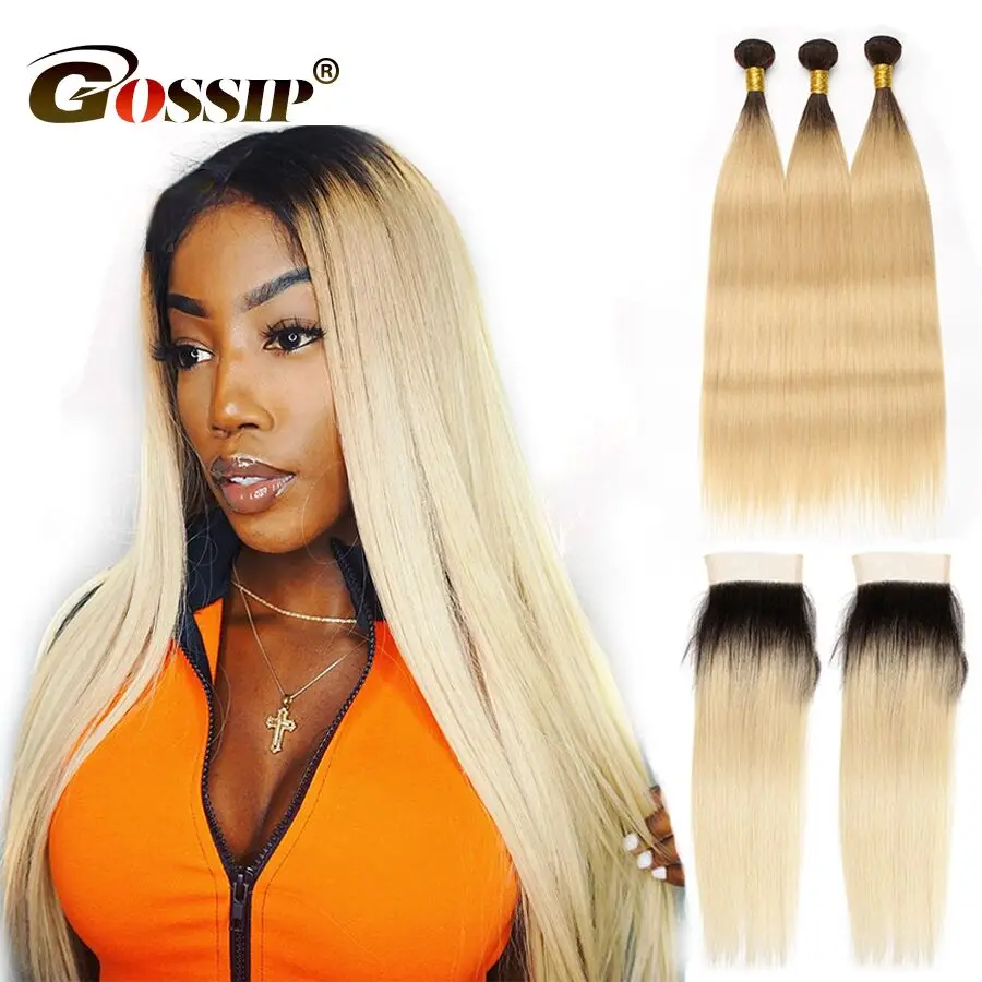 Ombre Blonde Straight Hair Bundles With Closure Brazilian Human Hair 1B